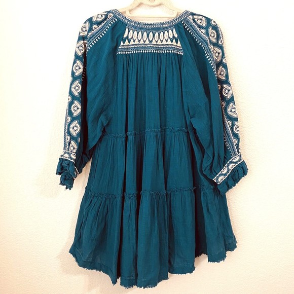 Free People Womens Boho Chic Dream Weaver Embroidered Tunic Sz M OB1015985 Teal - Picture 2 of 8